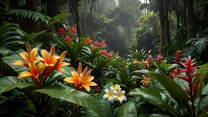 Fototapeta premium A breathtaking scene of colorful tropical blooms like frangipanis and ginger flowers, framed by abundant, lush greenery in a tropical rainforest.