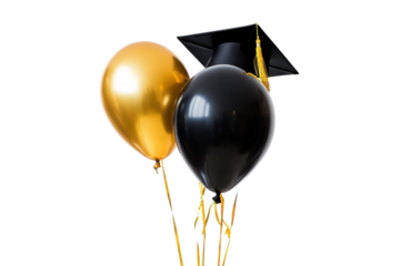 Celebrating graduation with gold and black balloons alongside a traditional cap and tassel isolated on transparent background