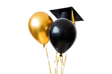 Celebrating graduation with gold and black balloons alongside a traditional cap and tassel isolated on transparent background