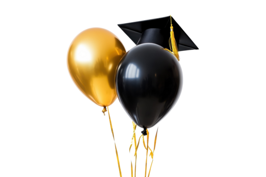 Celebrating graduation with gold and black balloons alongside a traditional cap and tassel isolated on transparent background