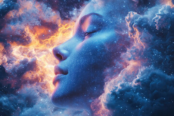 A serene face merges with a cosmic nebula, stars illuminating skin, evoking dreams and celestial connection.