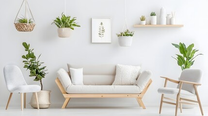 Serene and inviting Scandinavian style living room featuring neutral color palette modern furniture and lush indoor plants creating a harmonious natural and calming atmosphere