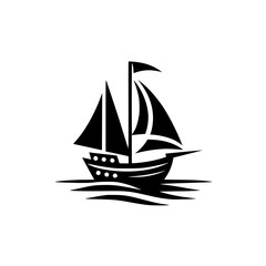 Elegant monochrome illustration of a sailing ship, depicted with bold lines and detailed sails against a clean white background, evoking a sense of adventure.