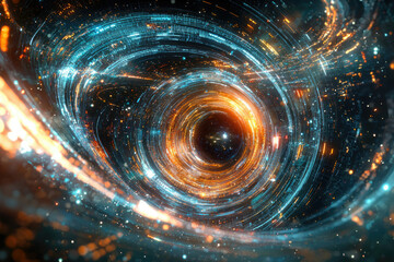Abstract swirling vortex of vibrant digital data streams and glowing particles, cosmic tunnel.