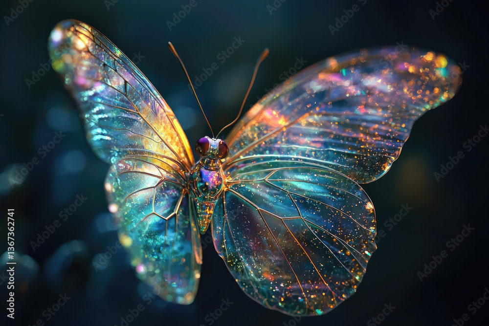 Poster a mesmerizing iridescent butterfly with translucent wings, sparkling with golden dust.