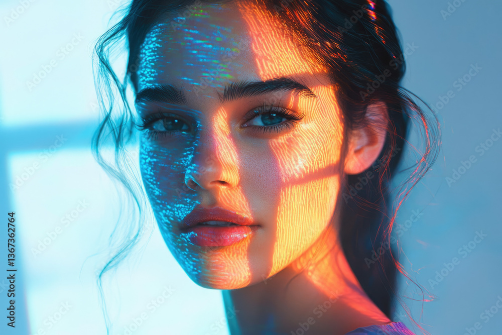 Poster a woman's face is illuminated by vibrant, multicolored light patterns, creating a striking and surre