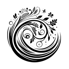 Elegant Circular Flourish: A monochromatic botanical design featuring intricate swirls, leaves, and delicate sprigs, creating a graceful and ornamental artwork.