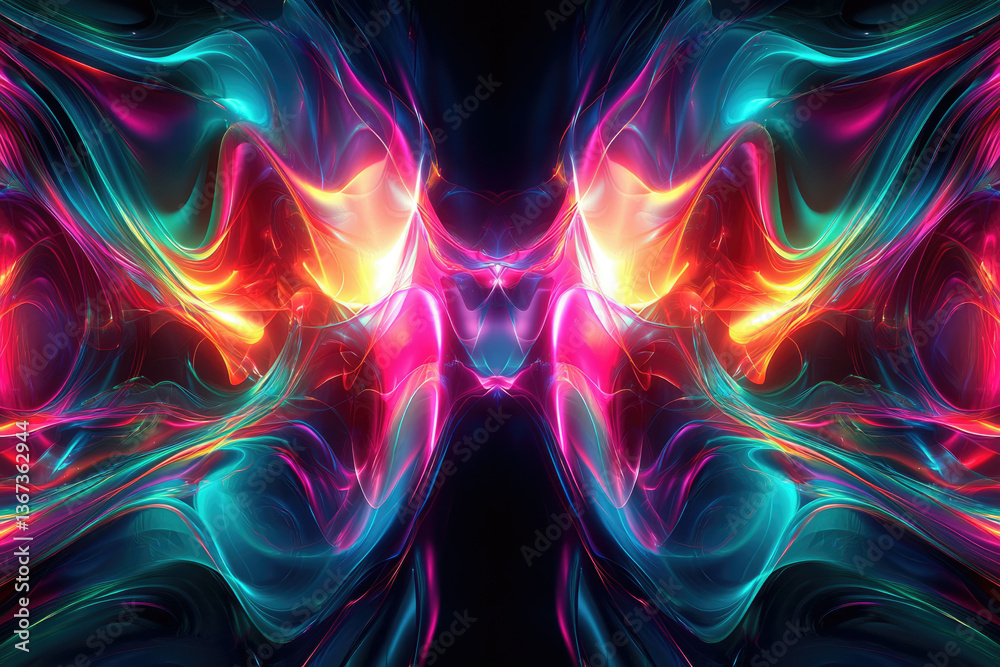 Poster abstract vibrant fractal art depicting swirling, luminous neon colors in a symmetrical pattern.