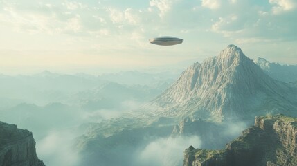 Ufo Flying Saucer Over Mountain Peaks with Fog and Cloudy Sky
