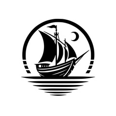 A stylized, black and white illustration of a vintage sailboat gracefully navigating the waves, framed by a circular design with a crescent moon backdrop.