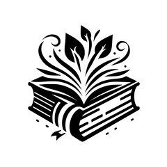A stylized black and white logo featuring an open book with leaves and flourishes growing from its center, symbolizing knowledge and growth.