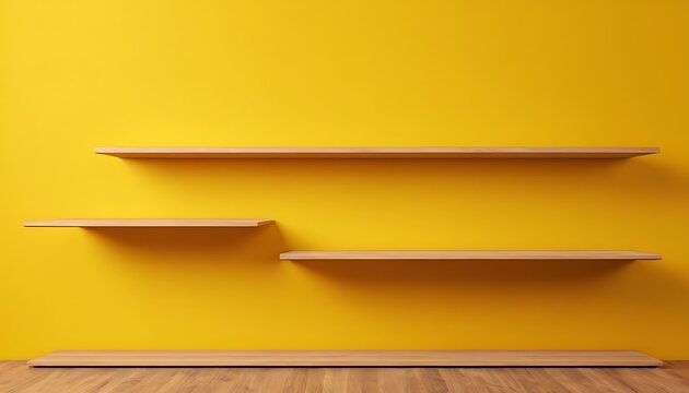 Front view of empty shelf on vivid yellow wall background with modern minimal concept. Display of room shelves for showing. Realistic 3D render.shelf, bookshelf, display, floor, furniture, 786