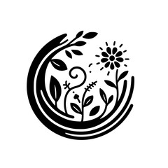 Fototapeta premium Intricate Monochrome Botanical Composition: A Floral and Foliage Arrangement Within a Circular Frame, Evoking Nature's Elegance.