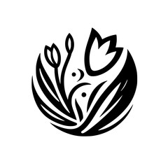 Elegant Black and White Botanical Logo Featuring Stylized Tulips, Buds, and Foliage Arranged in a Symmetrical Circular Composition.