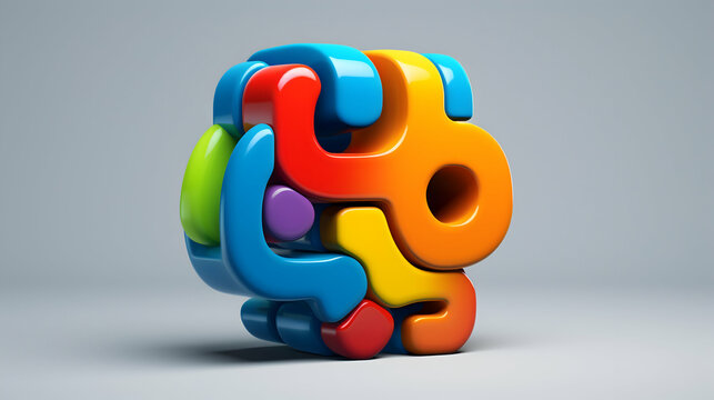 A vibrant, playful puzzle of interlocking shapes explodes with rainbow colors against a simple grey backdrop.