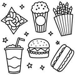 Fast food icon set with burgers cupcakes coffee and desserts in a seamless vector design