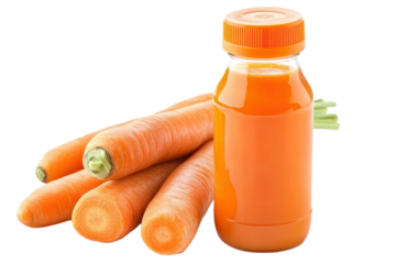 Freshly harvested carrots paired with vibrant carrot juice in a bright setting isolated on transparent background