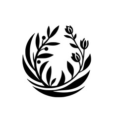 Fototapeta premium Elegant Black & White Floral Crest: A stylized, symmetrical design featuring leaves, berries, and budding flowers arranged in a circular, naturalistic composition.