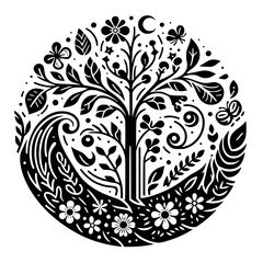 Intricate Black and White Circular Illustration of a Flourishing Tree Amidst Nature's Delicate Elements