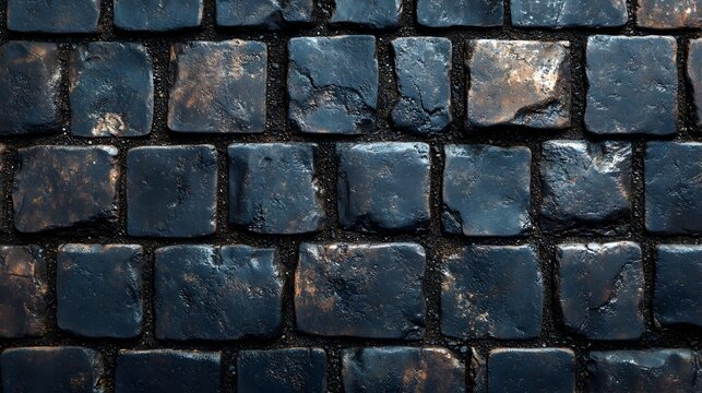 Dark blue wet cobblestone pavement texture background ideal for website design or game development projects needing a realistic stone surface.