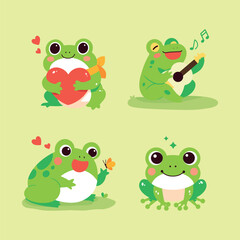 Set of cute frog illustrations expressing love, playing the guitar, interacting with a butterfly, and sitting happily. Elements for kids content design or greeting cards. Vector in cartoon style.