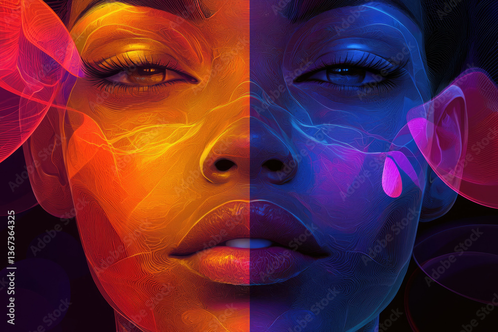 Poster a mesmerizing portrait of a woman's face, split into vibrant warm and cool tones, creating a duality