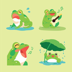 Cute frog illustrations set, different emotions: crying, singing, playing the guitar, and sitting under a leaf umbrella. Fun, expressive, and perfect for creative designs. Vector in cartoon style.