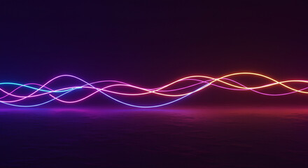 Vibrant neon waves dancing in the dark, a mesmerizing flow of light and color across a deep purple ground.