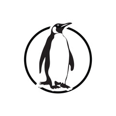 Obraz premium Black and White Penguin Illustration – Minimalist Silhouette of a Standing Penguin in Circular Frame