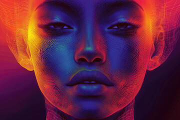 A vibrant, wireframe portrait of a woman's face, showcasing digital artistry and futuristic aesthetics.