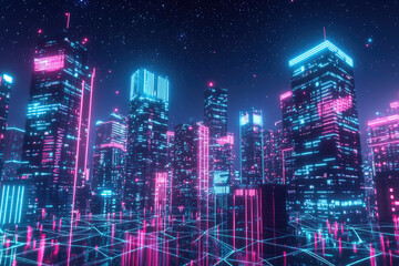 Obraz premium Neon-lit futuristic cityscape at night, glowing skyscrapers with vibrant pink and blue lights.