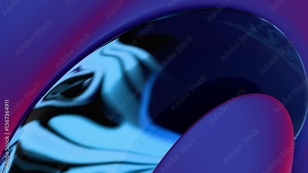 Poster A swirling metallic arc in blue and orange gradients, creating fluid reflections and a modern wave pattern that merges illusions and synergy in a futuristic abstract design.......