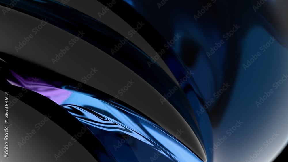 Poster A swirling metallic arc in blue and orange gradients, creating fluid reflections and a modern wave pattern that merges illusions and synergy in a futuristic abstract design.......