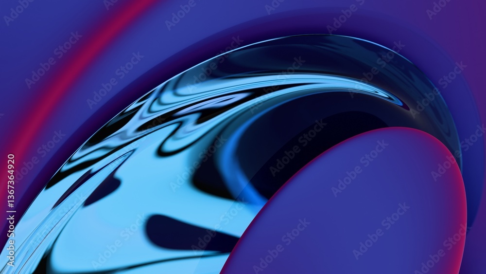 Poster A swirling metallic arc in blue and orange gradients, creating fluid reflections and a modern wave pattern that merges illusions and synergy in a futuristic abstract design.......