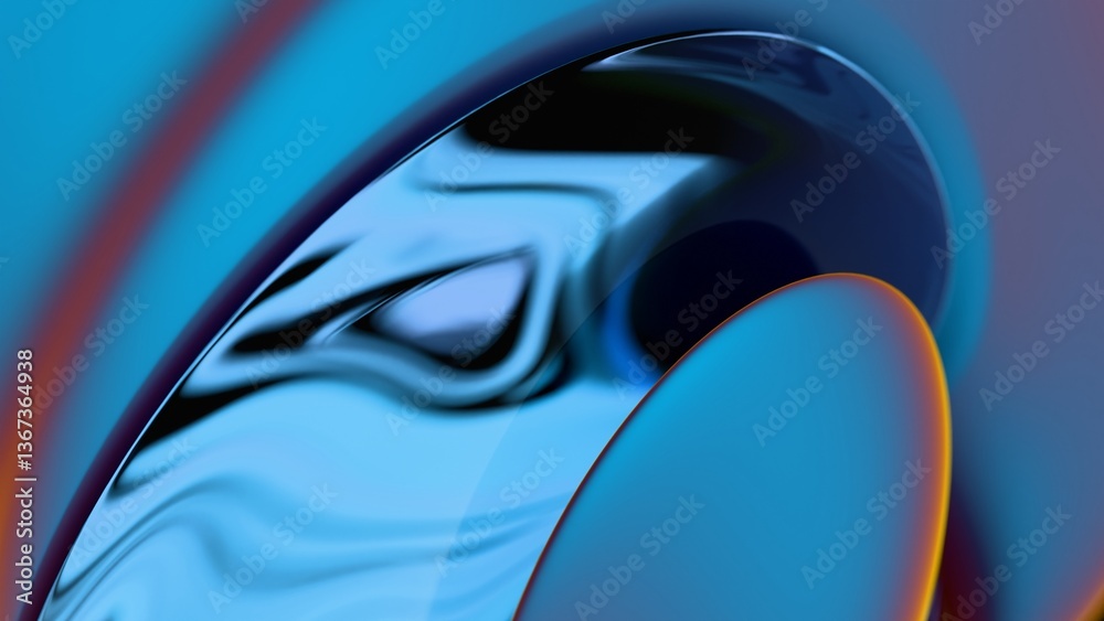 Poster a swirling metallic arc in blue and orange gradients, creating fluid reflections and a modern wave p