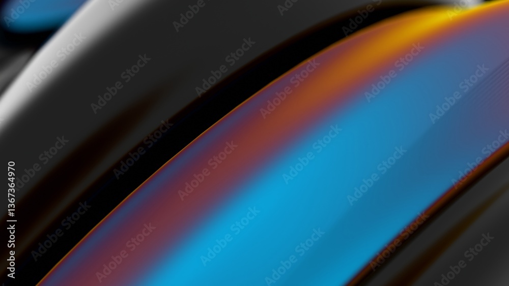 Poster Fluid swirl of black, orange, and blue gradient forms a modern wave pattern, blending illusions, synergy, and technology into an abstract, futuristic design..