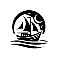 Bold Silhouette of a Sailing Ship at Night, Floating on Waves, Framed by Moon and Stars within a Circular Design, Suitable for Logos.