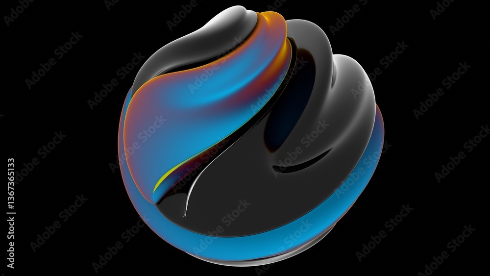 Poster Fluid metallic lumps in neon purple and blue float on a black background, creating an abstract wave pattern that merges illusions, technology, and futuristic design........
