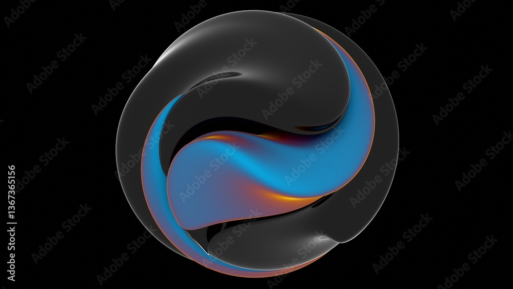 Fototapete Fluid metallic lumps in neon purple and blue float on a black background, creating an abstract wave pattern that merges illusions, technology, and futuristic design........