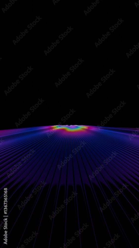 Poster vibrant rainbow lines radiate across a dark background, forming a fluid wave-like surface with brigh