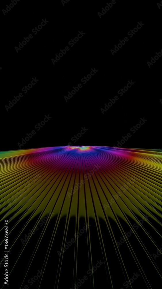 Poster vibrant rainbow lines radiate across a dark background, forming a fluid wave-like surface with brigh