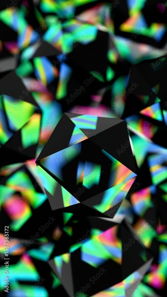 Aufkleber black polyhedral shapes with vibrant, iridescent surfaces floating on a black background, merging il