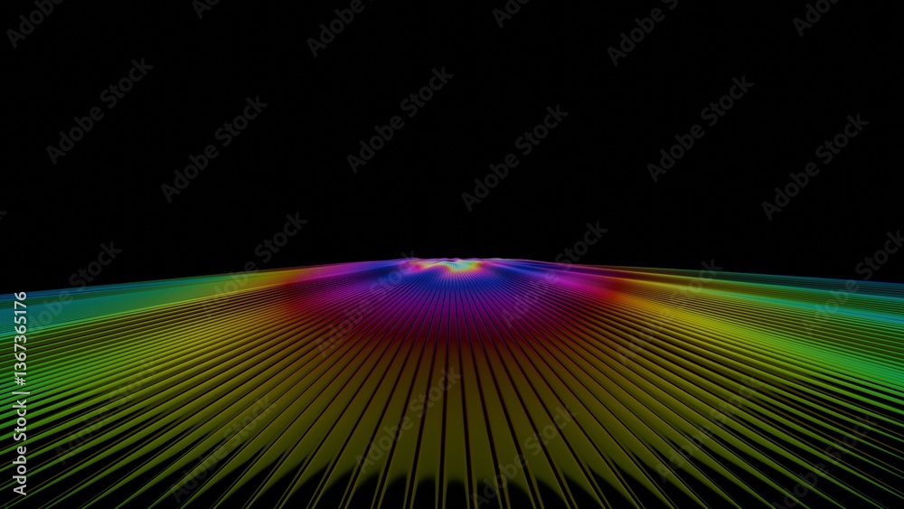 Aufkleber Vibrant rainbow lines radiate across a dark background, forming a fluid wave-like surface with bright gradient stripes, evoking a dynamic and futuristic design.......