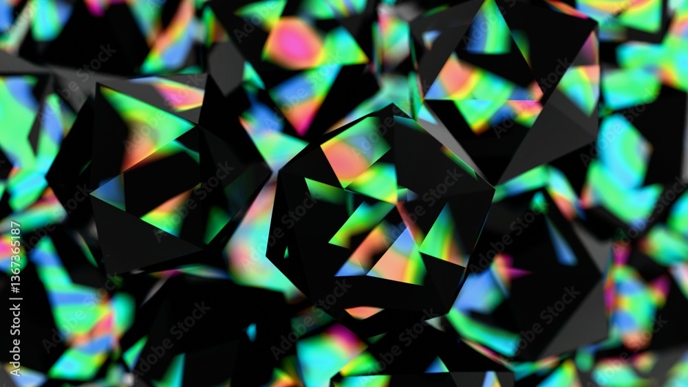 Poster black polyhedral shapes with vibrant, iridescent surfaces floating on a black background, merging il