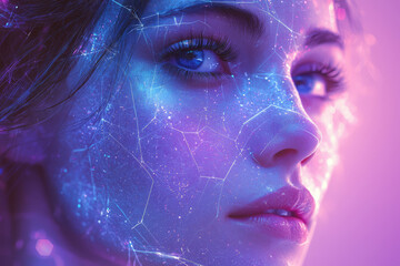 Fototapeta premium A woman's face is illuminated with vibrant purple and blue light, resembling a constellation.