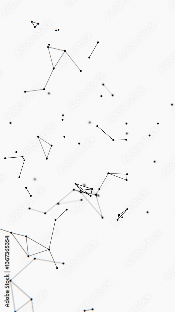 Fototapete Delicate lines and nodes form an abstract floating network on a white background, blending illusions and technology in a minimal, futuristic design........