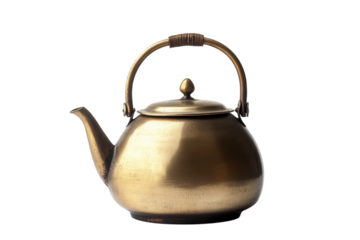 A vintage brass teapot on a clean white surface, highlighting its timeless charm isolated on transparent background