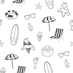 Summer beach elements vector seamless pattern in whimsical hand drawn style. Girly flat illustrations.