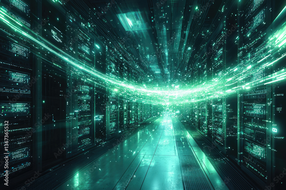 Poster A futuristic server room with glowing data streams flowing through a corridor of high-tech servers.