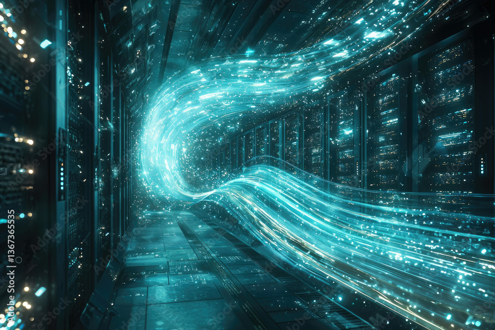 Poster Data streams flow through a futuristic server room, representing high-speed digital transfer.